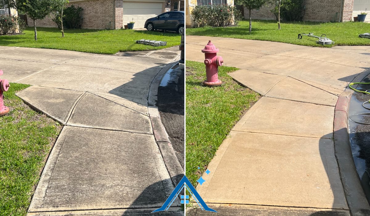 Before and after pressure washing a concrete driveway in Central Texas — job 2