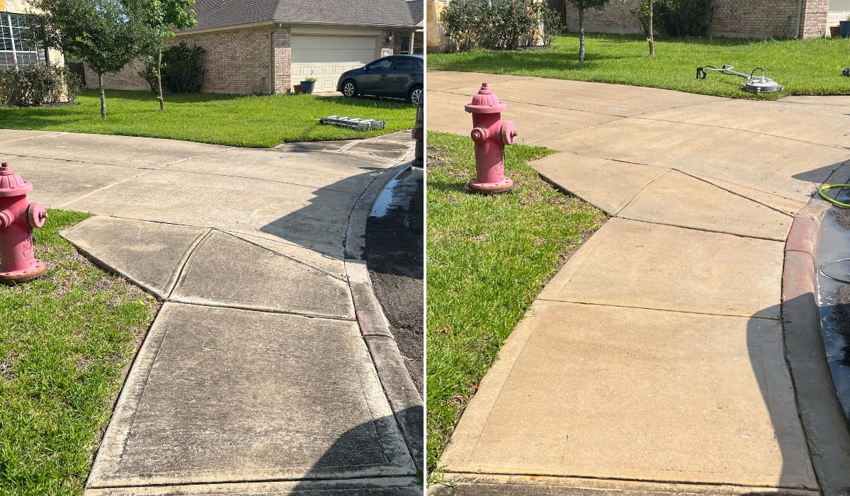 Before and after pressure washing a concrete driveway in Central Texas — job 3