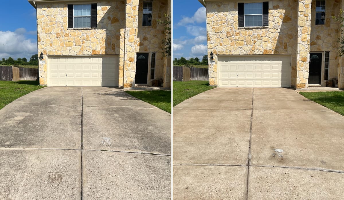 Before and after pressure washing a concrete driveway in Central Texas — job 5