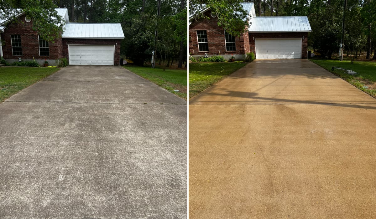 Before and after pressure washing a concrete driveway in Central Texas — job 6