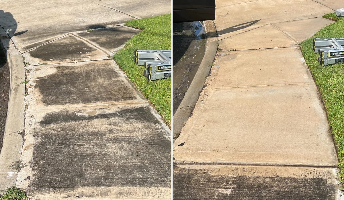 Before and after pressure washing a concrete driveway in Central Texas — job 7