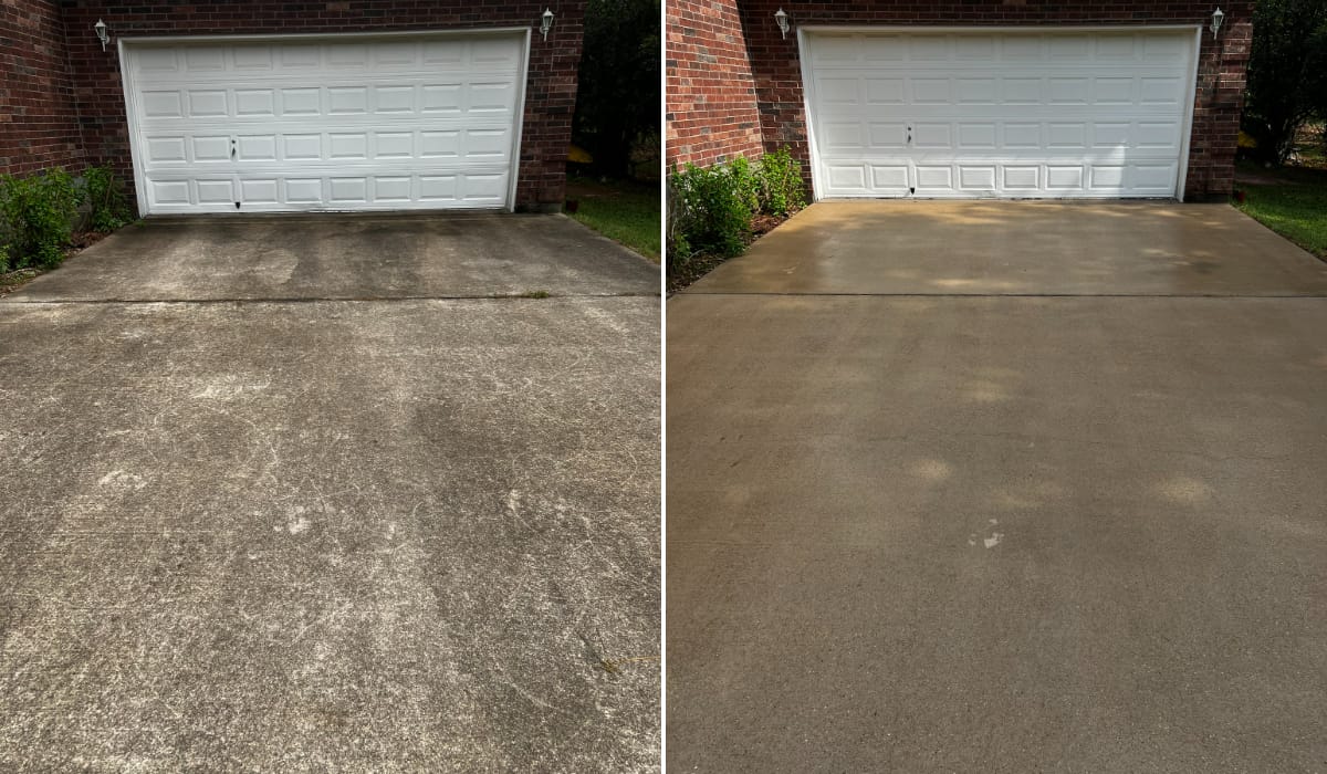 Before and after pressure washing a concrete driveway in Central Texas — job 8