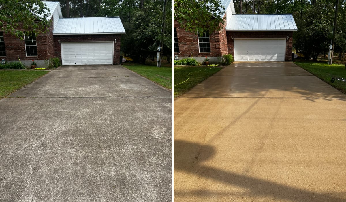 Before and after pressure washing a concrete driveway in Central Texas — job 9