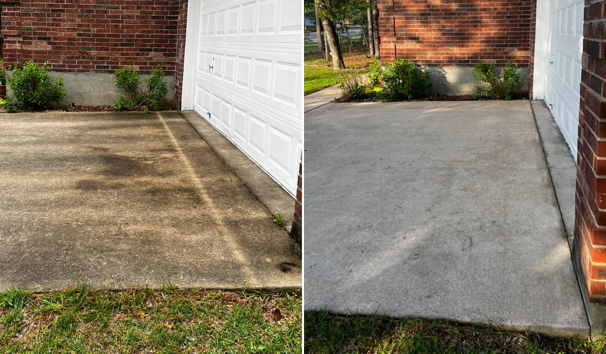 Before and after pressure washing a concrete driveway in Central Texas — job 10