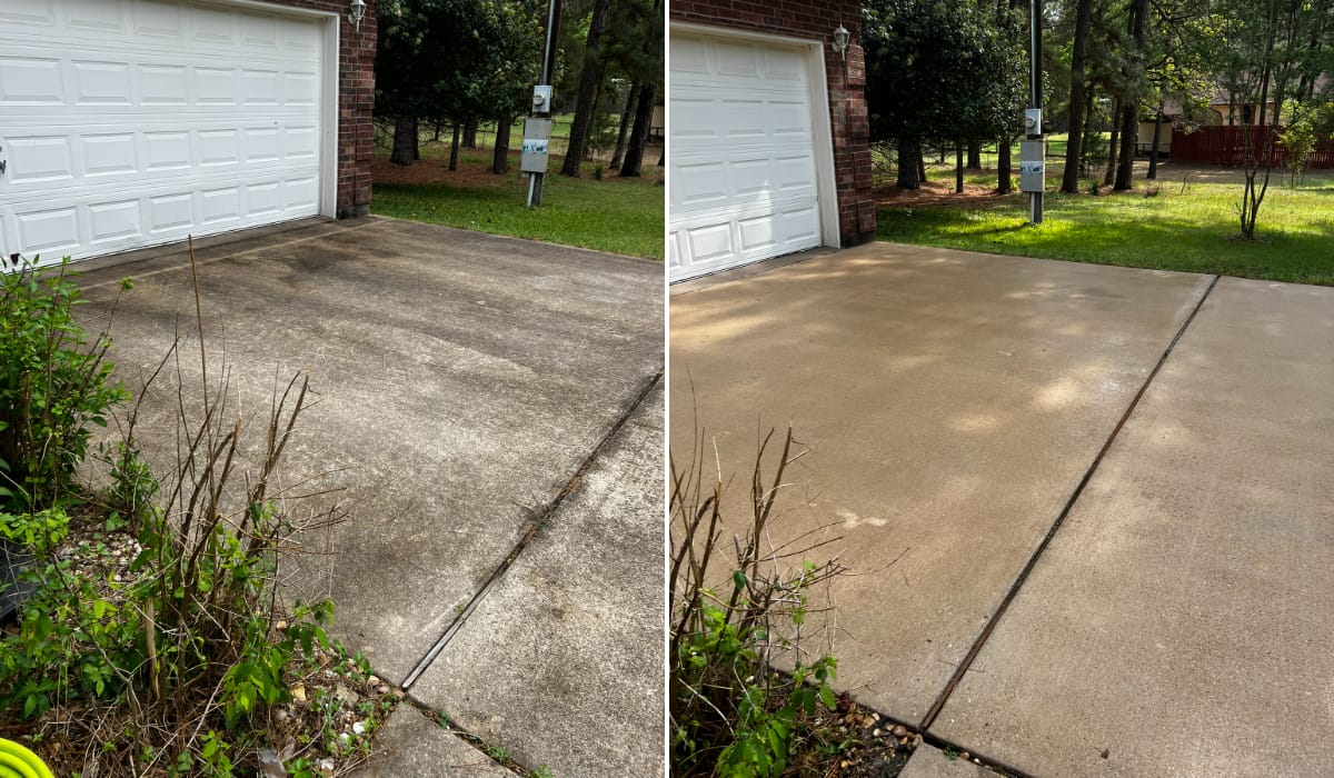 Before and after pressure washing a concrete driveway in Central Texas — job 11
