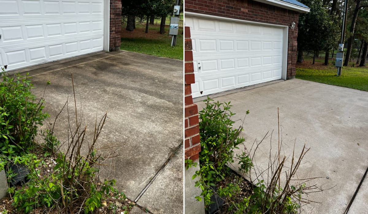 Before and after pressure washing a concrete driveway in Central Texas — job 12