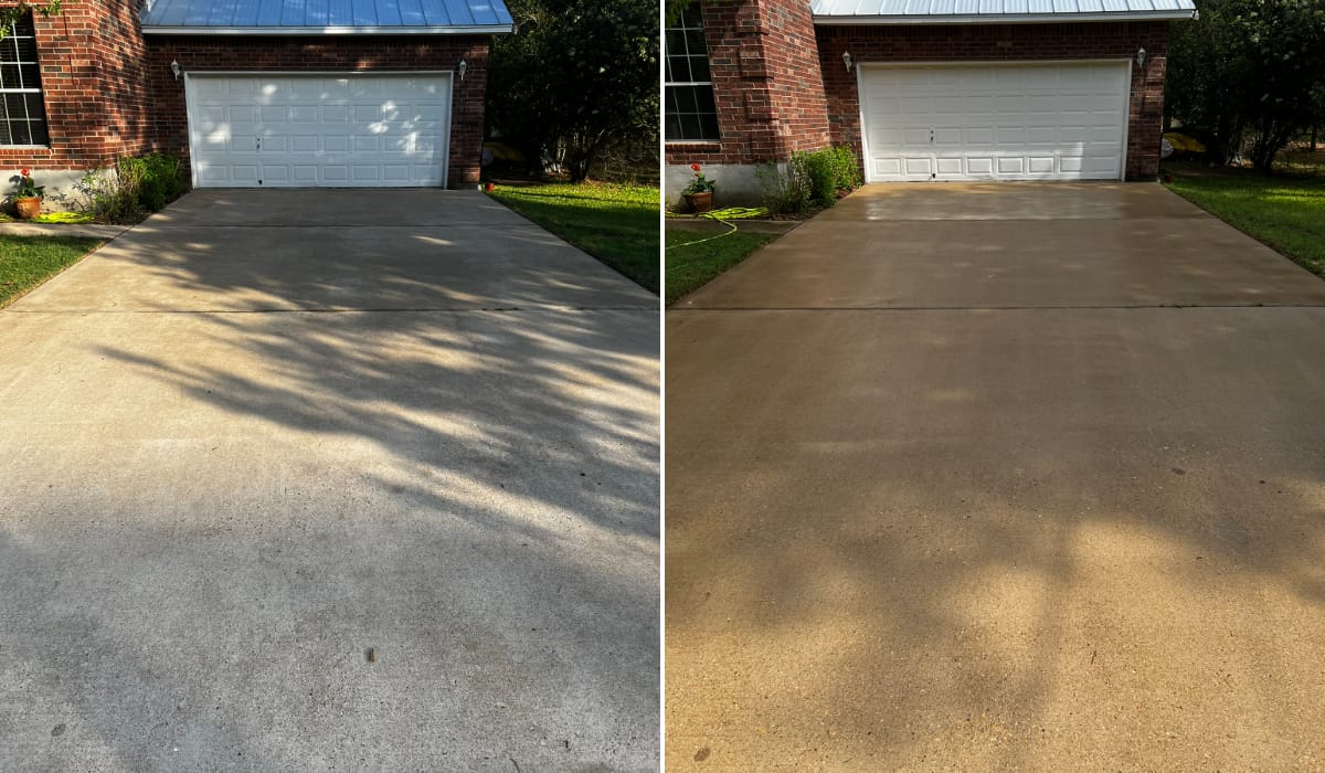 Before and after pressure washing a concrete driveway in Central Texas — job 13