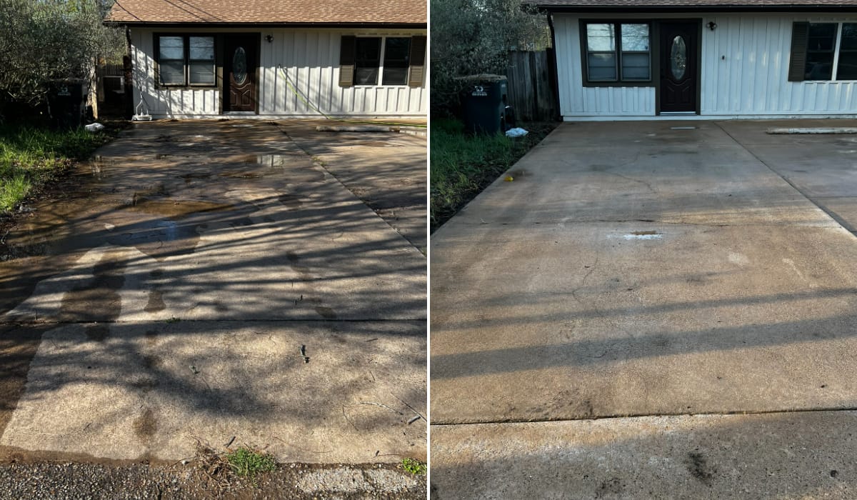 Before and after pressure washing a concrete driveway in Central Texas — job 14