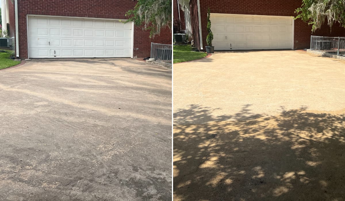 Before and after pressure washing a concrete driveway in Central Texas — job 15