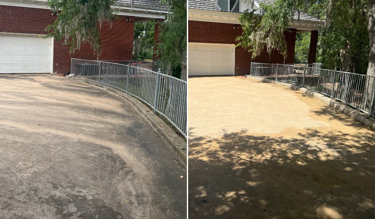 Before and after pressure washing a concrete driveway in Central Texas — job 16