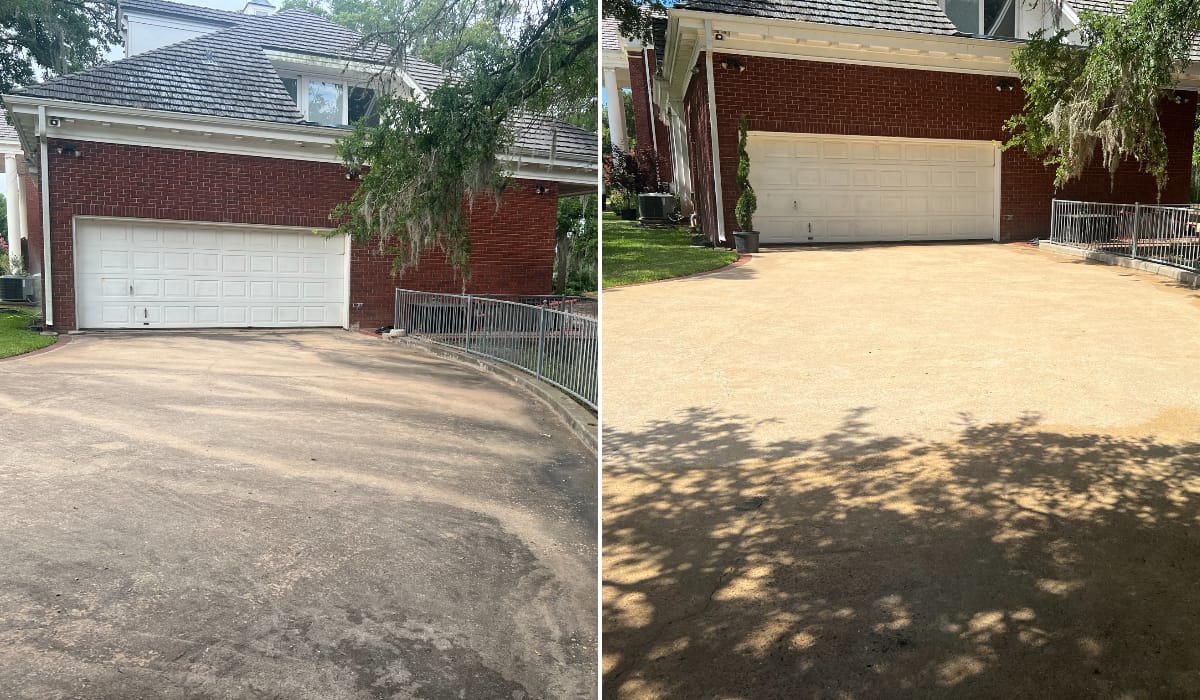 Before and after pressure washing a concrete driveway in Central Texas — job 17