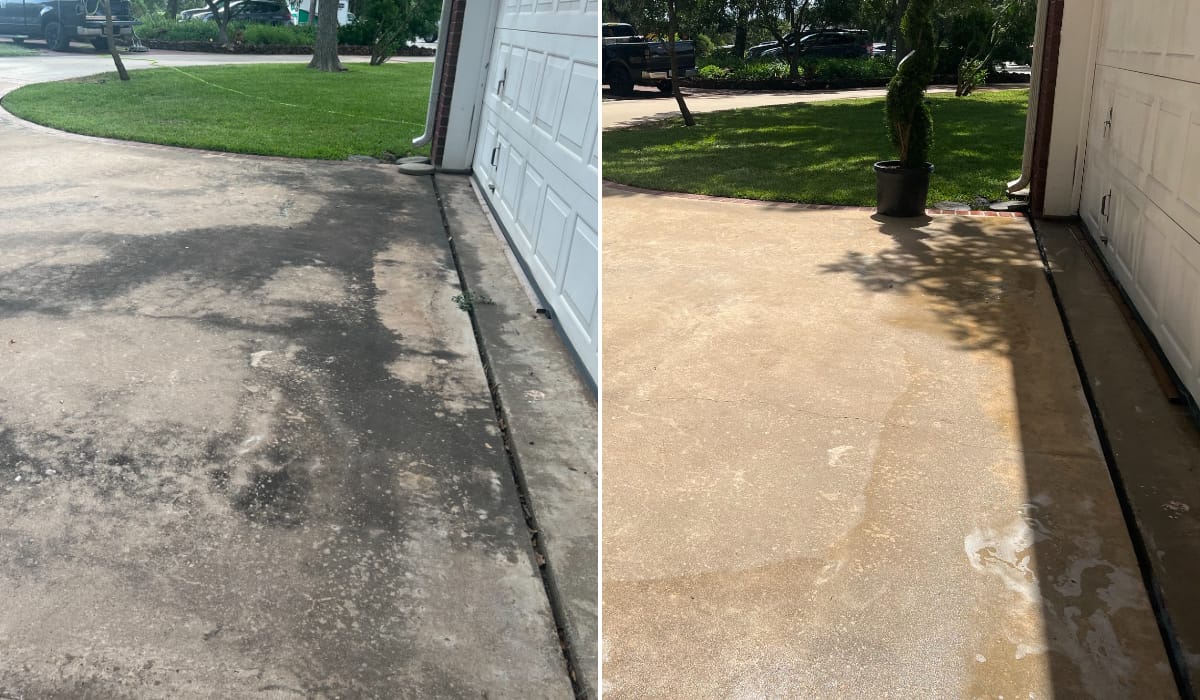 Before and after pressure washing a concrete driveway in Central Texas — job 18