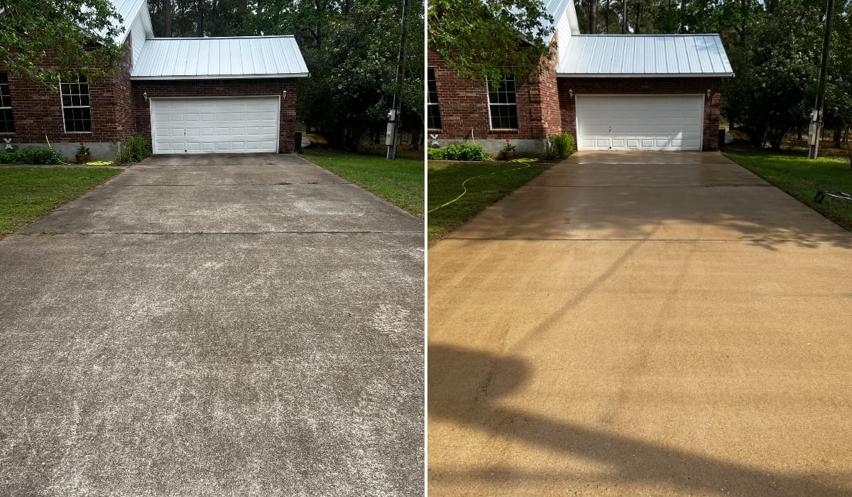 Before and after pressure washing a concrete driveway in Central Texas — job 20