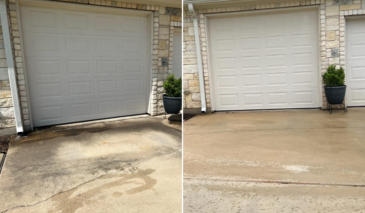 Before and after pressure washing a concrete driveway in Central Texas — job 21