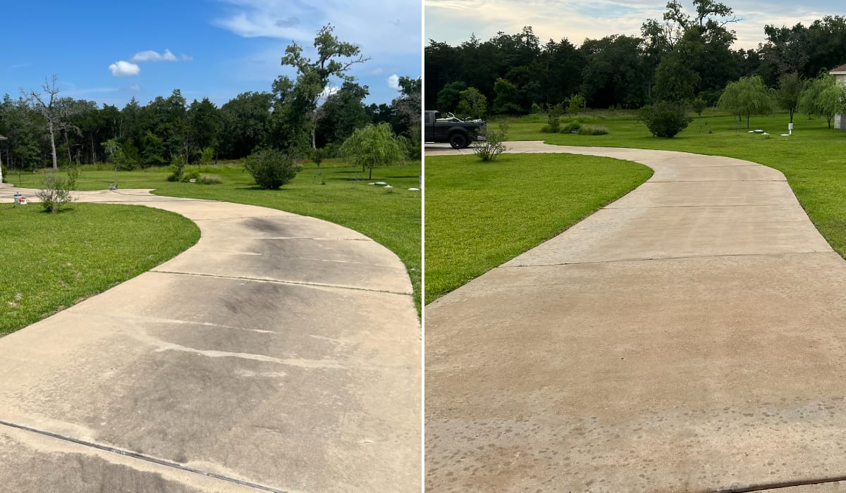 Before and after pressure washing a concrete driveway in Central Texas — job 22