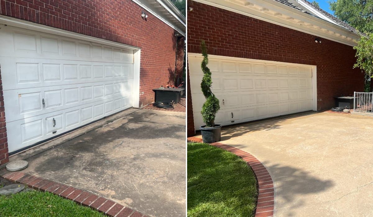 Before and after pressure washing a concrete driveway in Central Texas — job 23