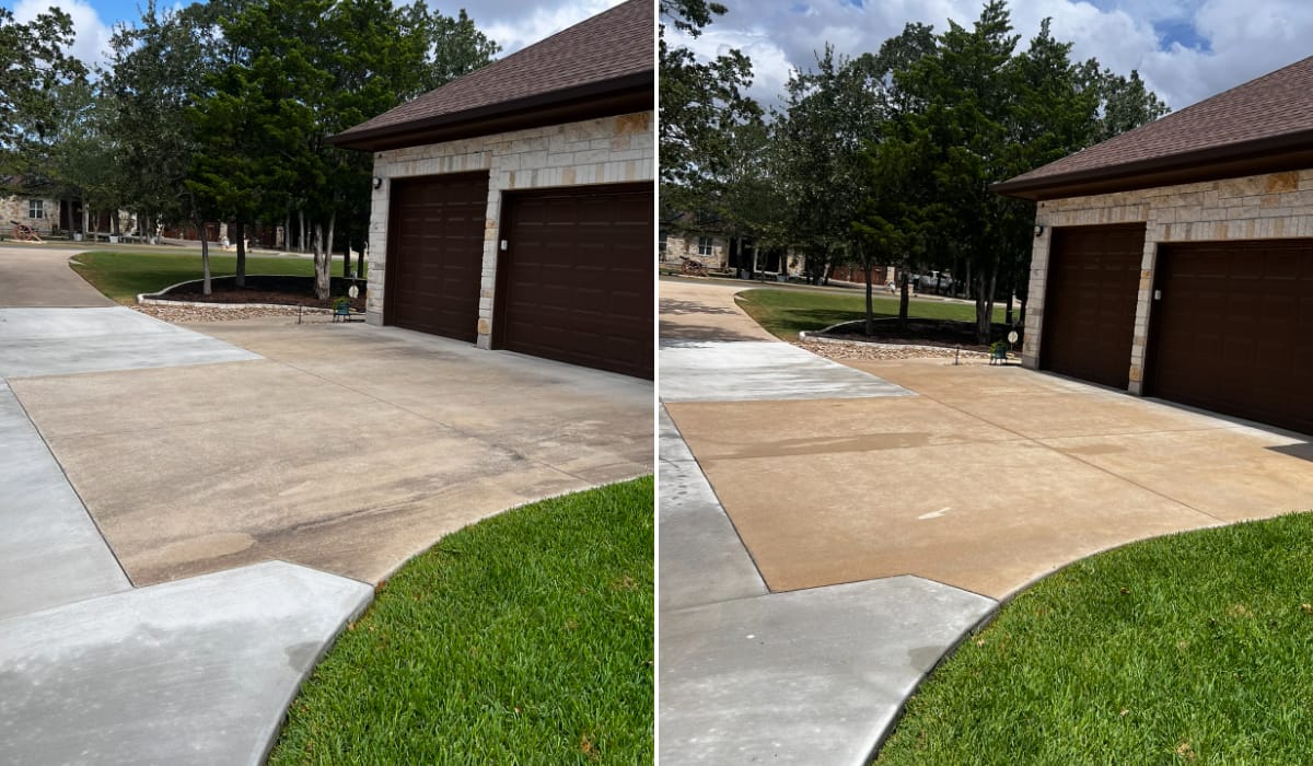 Before and after pressure washing a concrete driveway in Central Texas — job 24