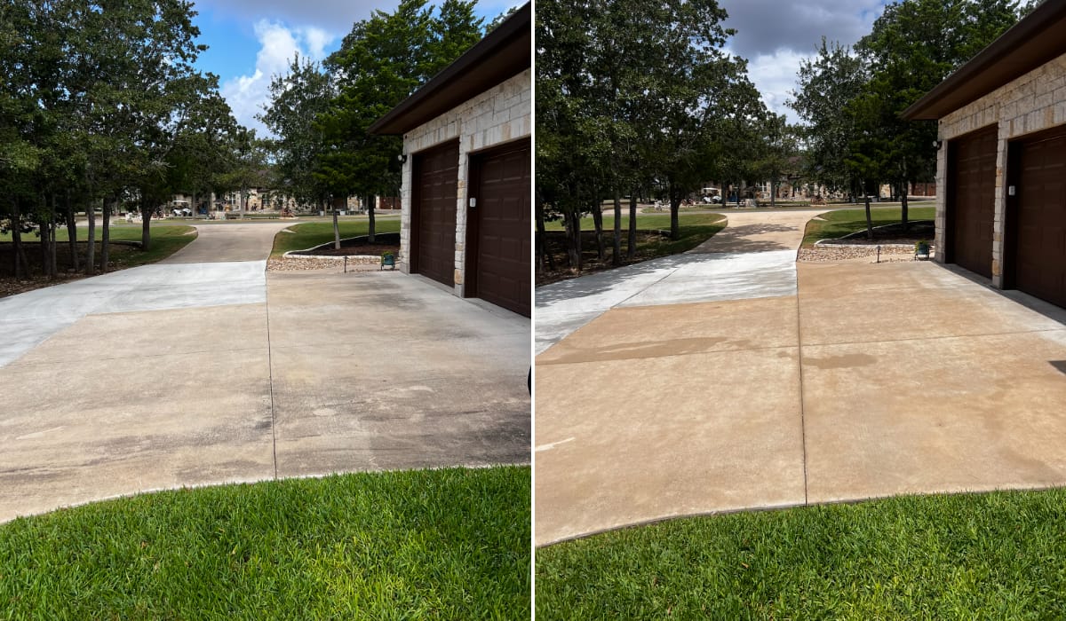 Before and after pressure washing a concrete driveway in Central Texas — job 25